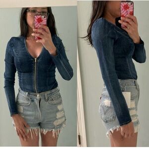 NWT Fashion Nova Denim Jean Corset Bustier Bodysuit XS